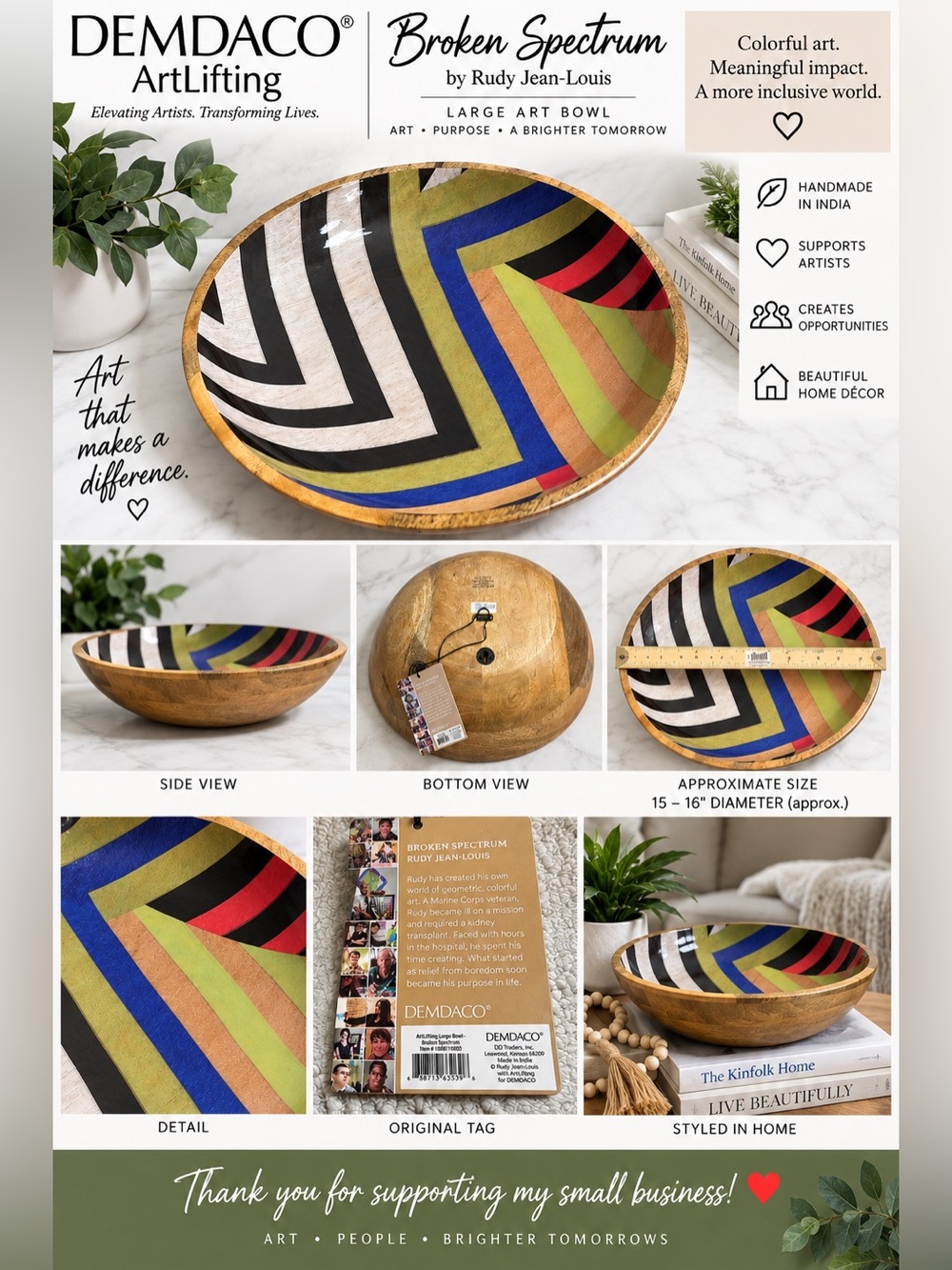 DEMDACO + ArtLifting Original Art Broken Spectrum Abstract Mango Wood Large Bowl
